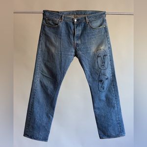 Levi’s 501 Red Tab with hand embroidery, W 36” L 30” fun up-cycled bespoke denim